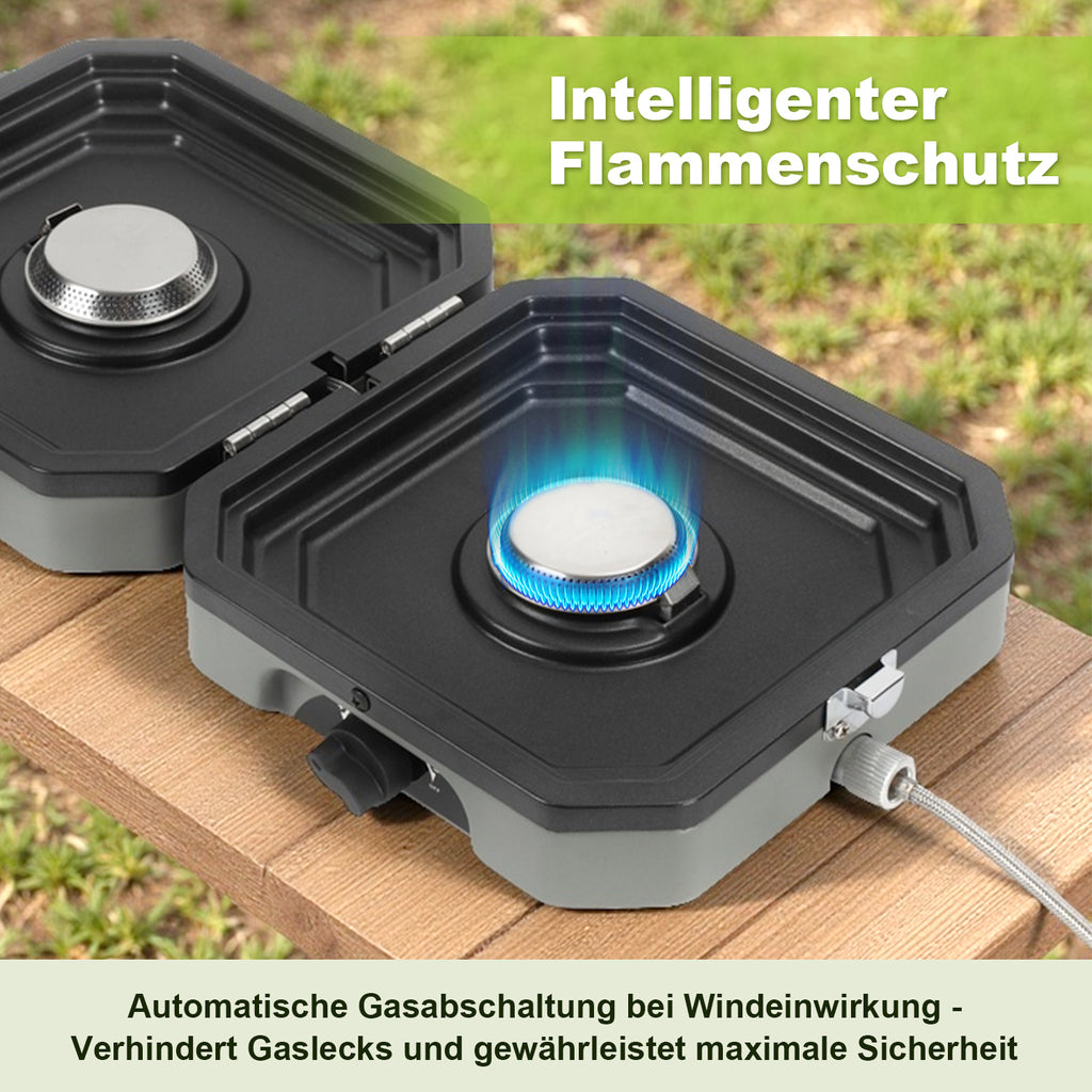 Campingkocher 2 Flammen 4,6 kW mit Grillplatte, Faltbarer Gaskocher mit Zündsicherung, Tragbarer Camping Gaskocher mit 0,5 m Schlauch & Tragetasche, Gasherd für Camping Vanlife Outdoor Küche