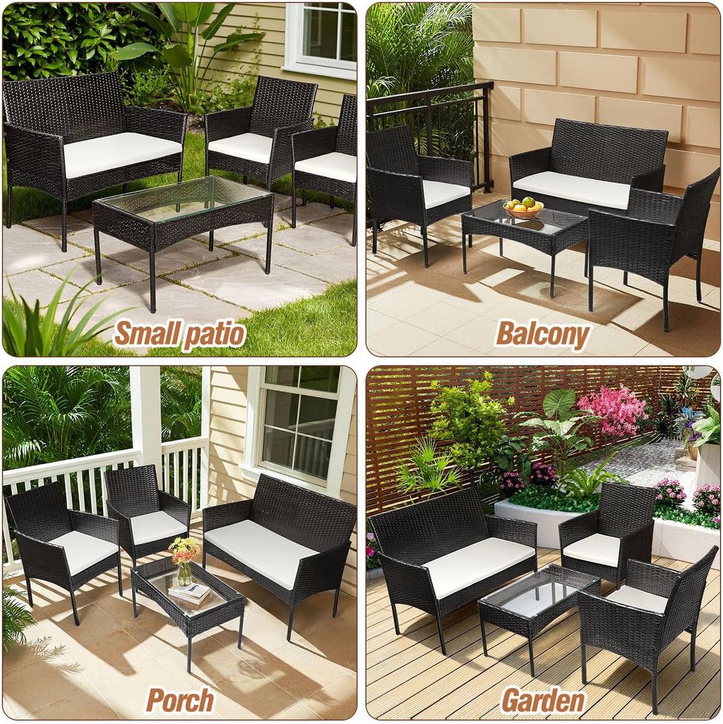 Polyrattan Gartenmöbel Set,4 Personen mit 2er Sofa 2 Stühle Tisch & Sitzkissen wetterfest Sitzgruppe,Schwarz Terrassenmöbel Balkonmöbel Set für Garten Terrasse und Balkon