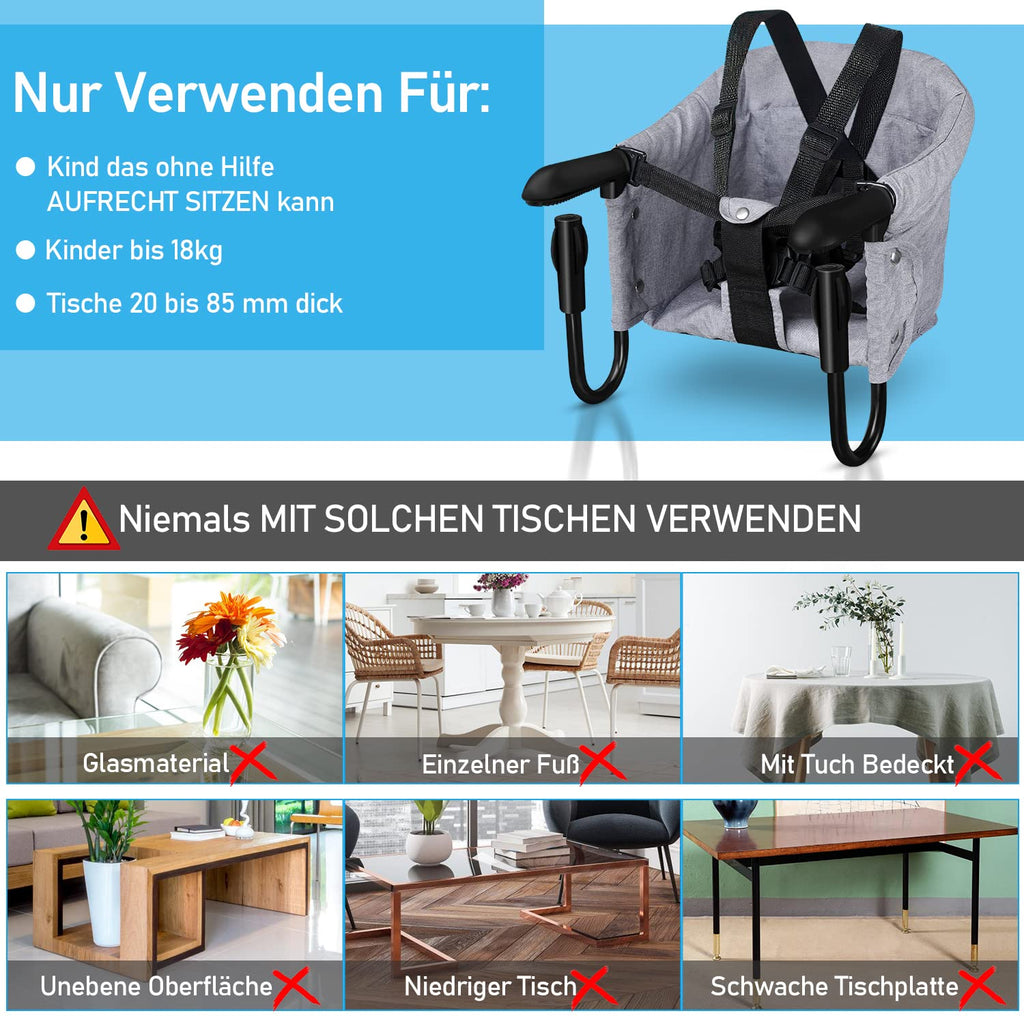 Tischsitz Faltbar Babysitz,Baby Hochstuhl Sitzerhöhung,Baby Tischsitz Stuhlsitz für zu Hause und Unterwegs mit Transporttasche,Belastbar bis 18 kg(Grau)