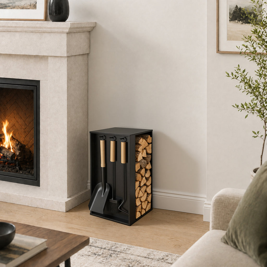 Kaminbesteck- und Holzregal-Set | 54 × 29 × 29 cm, schwarzes Metallgestell, inklusive Schaufel, Besen und Haken (ca. 48 cm) | Integrierte Aufbewahrung von Brennholz und Kaminbesteck, rutschfeste Unterlage zum Schutz des Fußbodens
