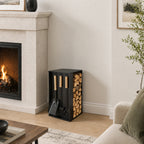 Kaminbesteck- und Holzregal-Set | 54 × 29 × 29 cm, schwarzes Metallgestell, inklusive Schaufel, Besen und Haken (ca. 48 cm) | Integrierte Aufbewahrung von Brennholz und Kaminbesteck, rutschfeste Unterlage zum Schutz des Fußbodens