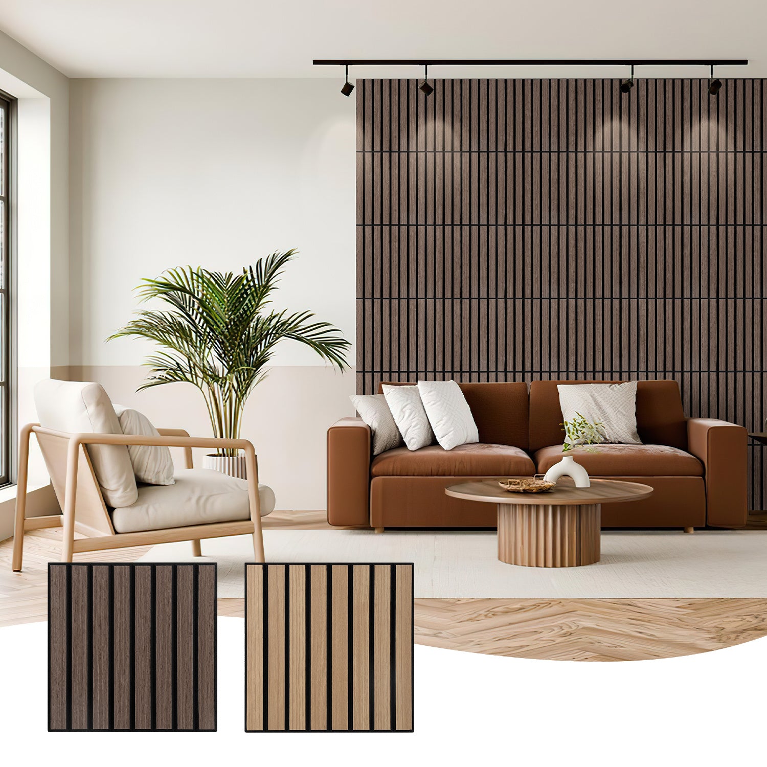Schallabsorptionsplatten-Set, Holzoptik, Wandverkleidung/Wandbelag, selbstklebend, keine Bohrungen erforderlich, einfache Montage, Material aus recyceltem Filz, schalldämmend, 30 x 30 cm, Farbe: Schwarznuss/Eiche