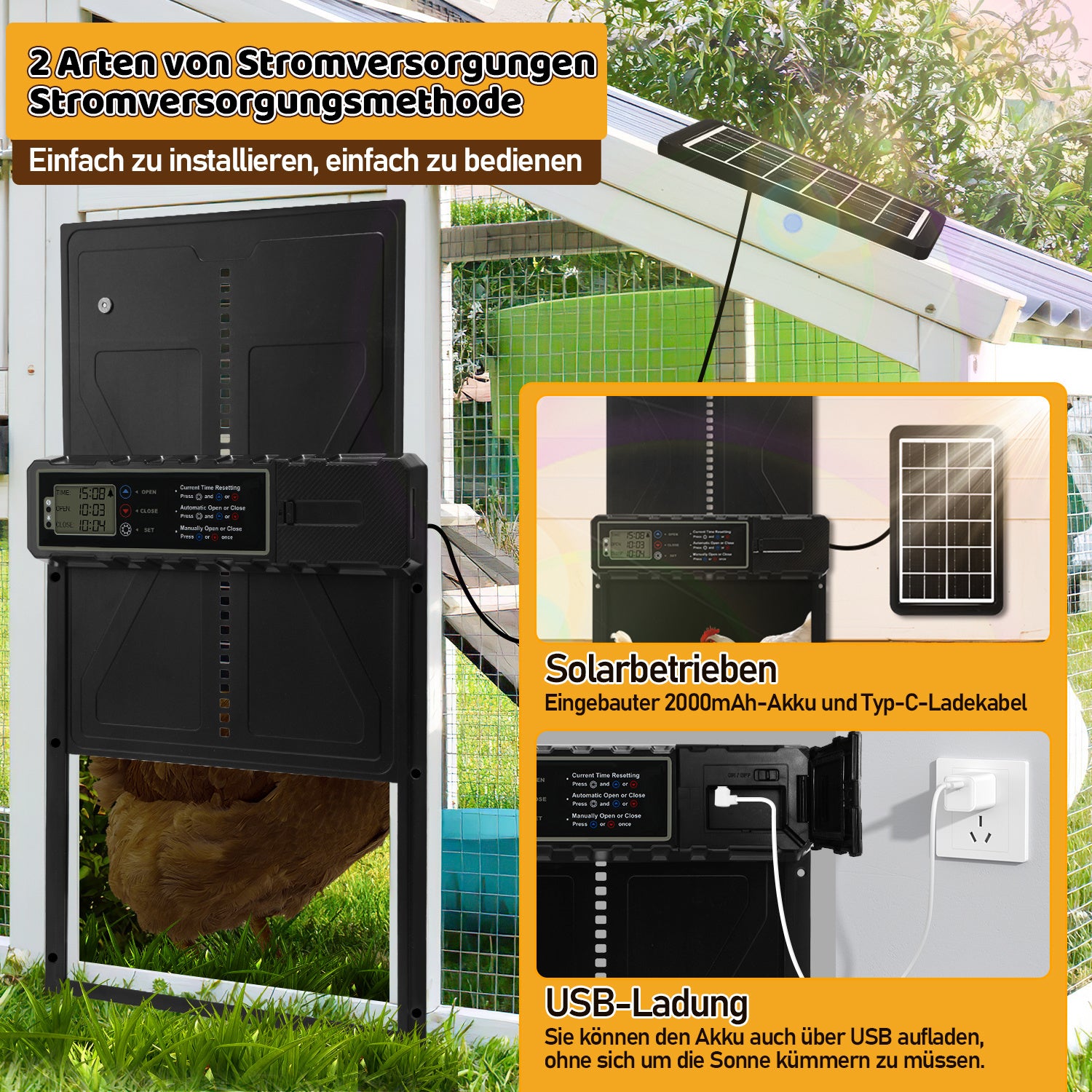 Automatisches Solartor für Hühnerställe mit LCD-Display und Fernbedienung | Elektrisches Hühnerstalltore mit Zeitschaltuhr, Hindernis-Stopp-Alarm, USB-C-Anschluss und Schutzklasse IPX4, geeignet für Hühnerställe, mit Einklemmschutz