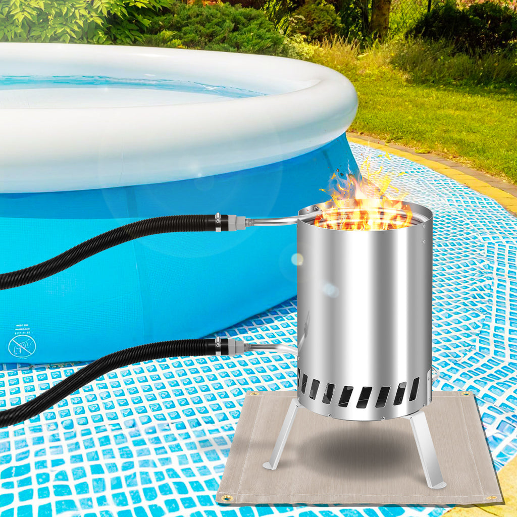 Brennholz Poolheizung, Poolheizung mit Feuer, Poolheizung Feuertonne, Edelstahl Pool beheizt Feuer Eimer 32/38mm Anschlüsse, 100% rostfreier Edelstahl mit Feuerfeste Matte und Rußschublade