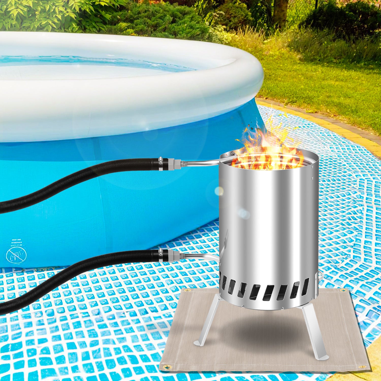 Brennholz Poolheizung, Poolheizung mit Feuer, Poolheizung Feuertonne, Edelstahl Pool beheizt Feuer Eimer 32/38mm Anschlüsse, 100% rostfreier Edelstahl mit Feuerfeste Matte und Rußschublade