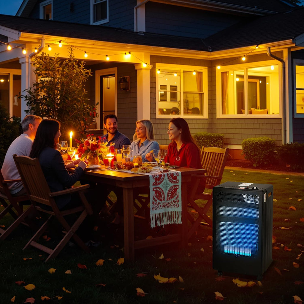 Gasheizung für Innenräume 3800W, Gasofen, 2 Stufen, Gasschlauch Gasheizer mit 2 Heizstufen, ODS-System, Regler, Schlauch und 5 Rollen für Balkon, überdachte Terrasse und belüftete Räume