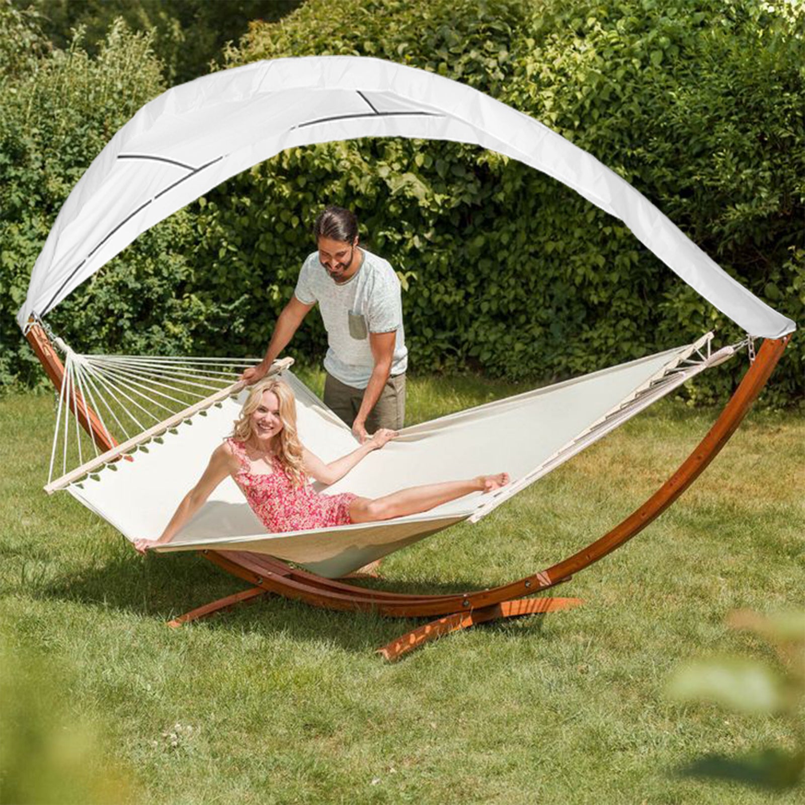 Hängematte mit Gestell Holz, mit Sonnendach,bis 200kg,Stabhängematte für 2 Personen,Wetterbeständig,inkl.Montagematerial，Hängematte Gestell für Balkon,Terrasse und Garten