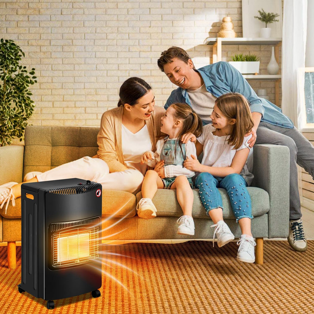 Gasheizung für Innenräume 4200W, Gasofen, 3 Stufen, 2 EU-Adapter Gasheizer mit 3 Heizstufen, ODS-System, 2 EU-Adaptern und 5 Rollen für Balkon, überdachte Terrasse und belüftete Räume