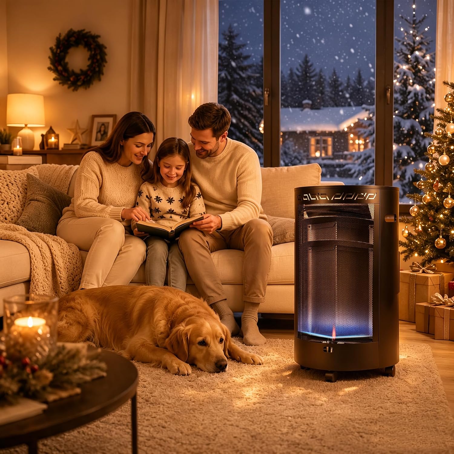 Gasheizung für Innenräume 4200W, Gasofen, 2 Stufen, Gasschlauch Gasheizer mit Dreieckbrenner, Druckregler, Gasschlauch und Schutzhülle für Balkon, überdachte Terrasse und belüftete Räume