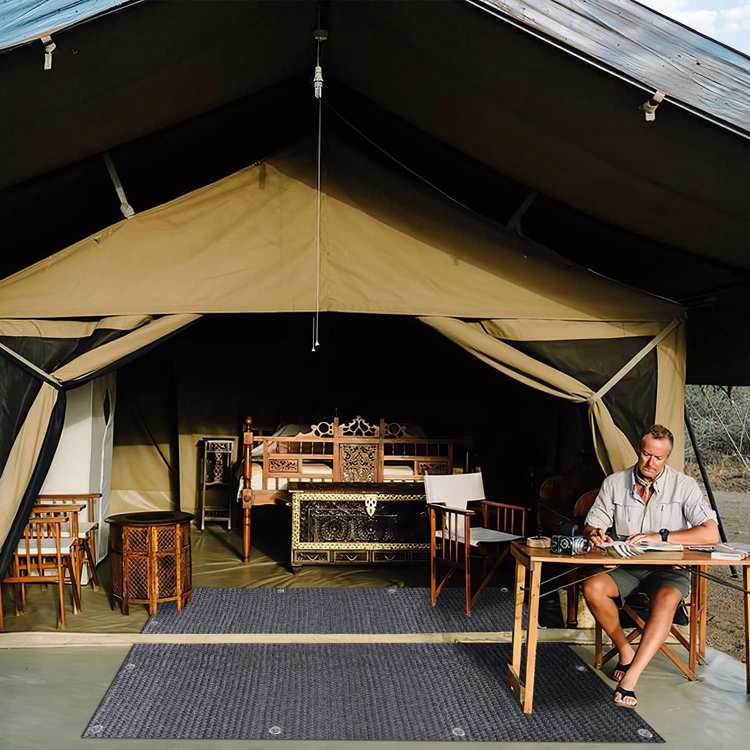 Vorzeltteppich Markisenteppich, Campingteppich atmungsaktiv rutschfest,Waschbare, Zeltteppich mit 12 Löchern, 13 Heringe und Tragetasche,Vorzeltboden Verschiedene Größen(Grau Blau)