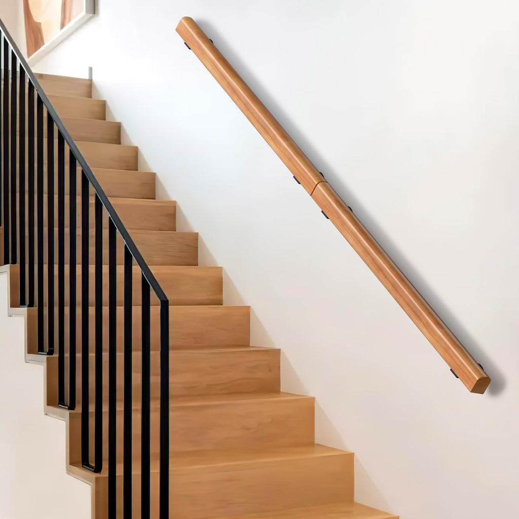 Wandmontiertes Treppengeländer, Treppenhandlauf, seitliche Montage, inklusive Wandhalterungen und Montagezubehör, halbrunder rutschfester Handlauf, geeignet für Innentreppen, helles Walnussbraun, erhältlich in den Längen 60/80/100/120/150/180/200 cm.