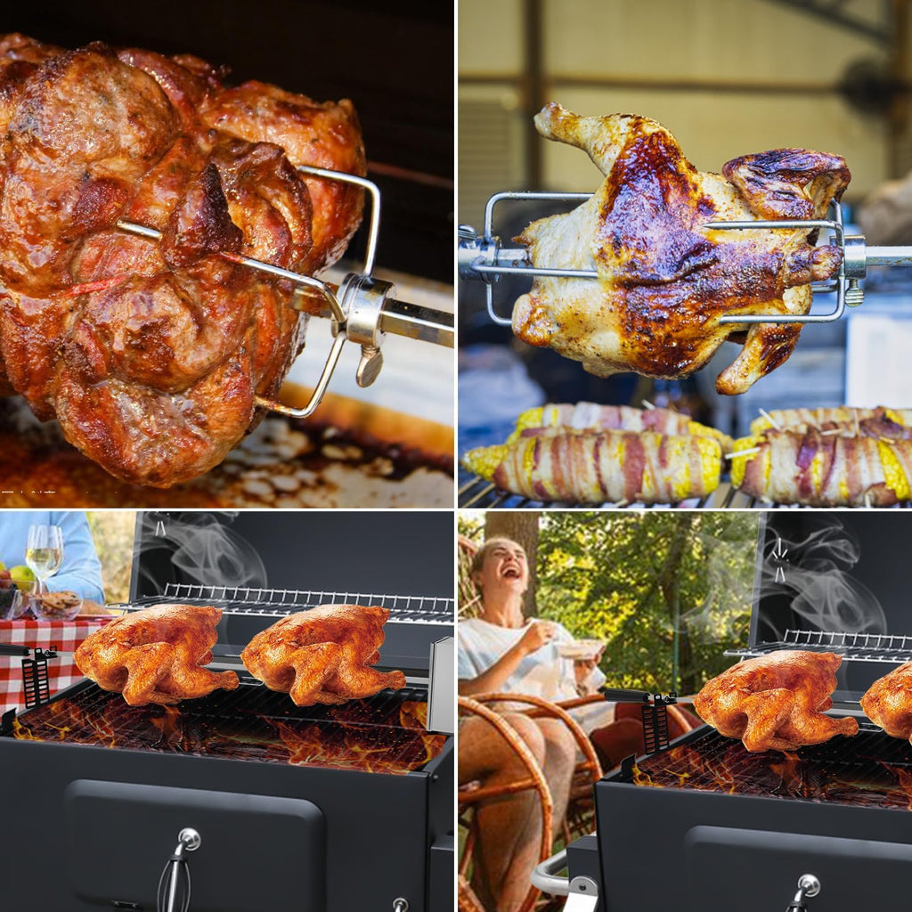Grillspieß Set, Universal Rotisserie mit 2X Fleischnadeln BBQ Fleischklammer, Griffstück und Edelstahl Motor Elektrischer Drehspieß, Automatischer Fleischwender für Grill, Ofen & Camping