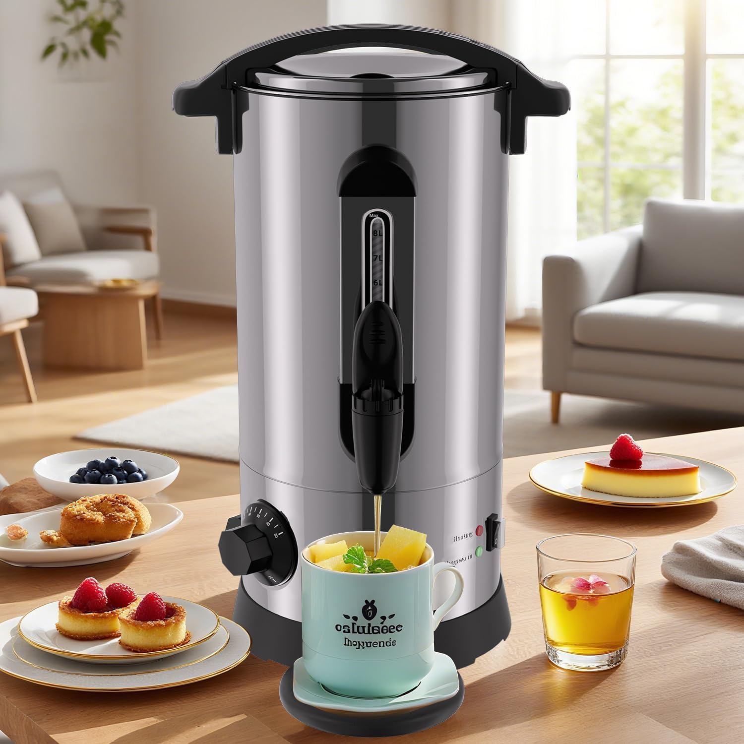 Glühweinkocher 8L, 1500W Glühweinkocher mit Thermostat,Glühweintopf Edelstahl,Einstellbare Temperatur von 30-110°C,Glühweintopf mit Zapfhahn,Heißgetränkeautomat Silber