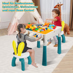 Kindertisch mit 2 Stühlen, 251 Bausteine, höhenverstellbar, 51x51cm doppelseitige Platte, Stauraum innen 10cm, 4 Boxen, rutschfeste Pads, Belastbarkeit 80kg, PP+ABS, Weiß/Blau, ab 2 Jahren