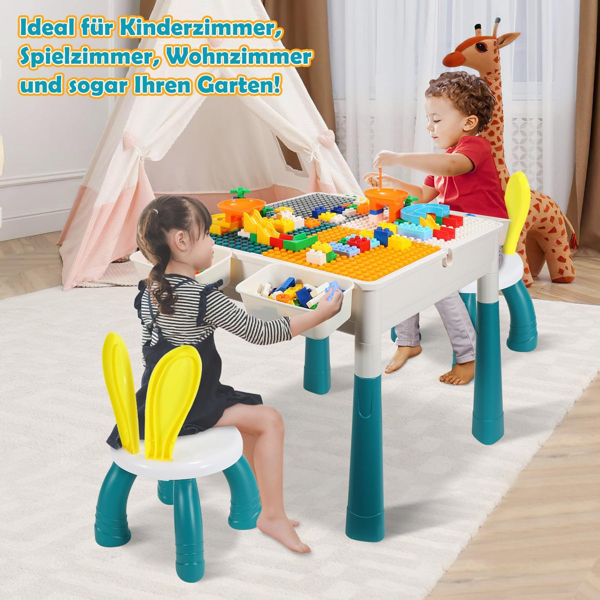 Kindertisch mit 2 Stühlen, 251 Bausteine, höhenverstellbar, 51x51cm doppelseitige Platte, Stauraum innen 10cm, 4 Boxen, rutschfeste Pads, Belastbarkeit 80kg, PP+ABS, Weiß/Blau, ab 2 Jahren