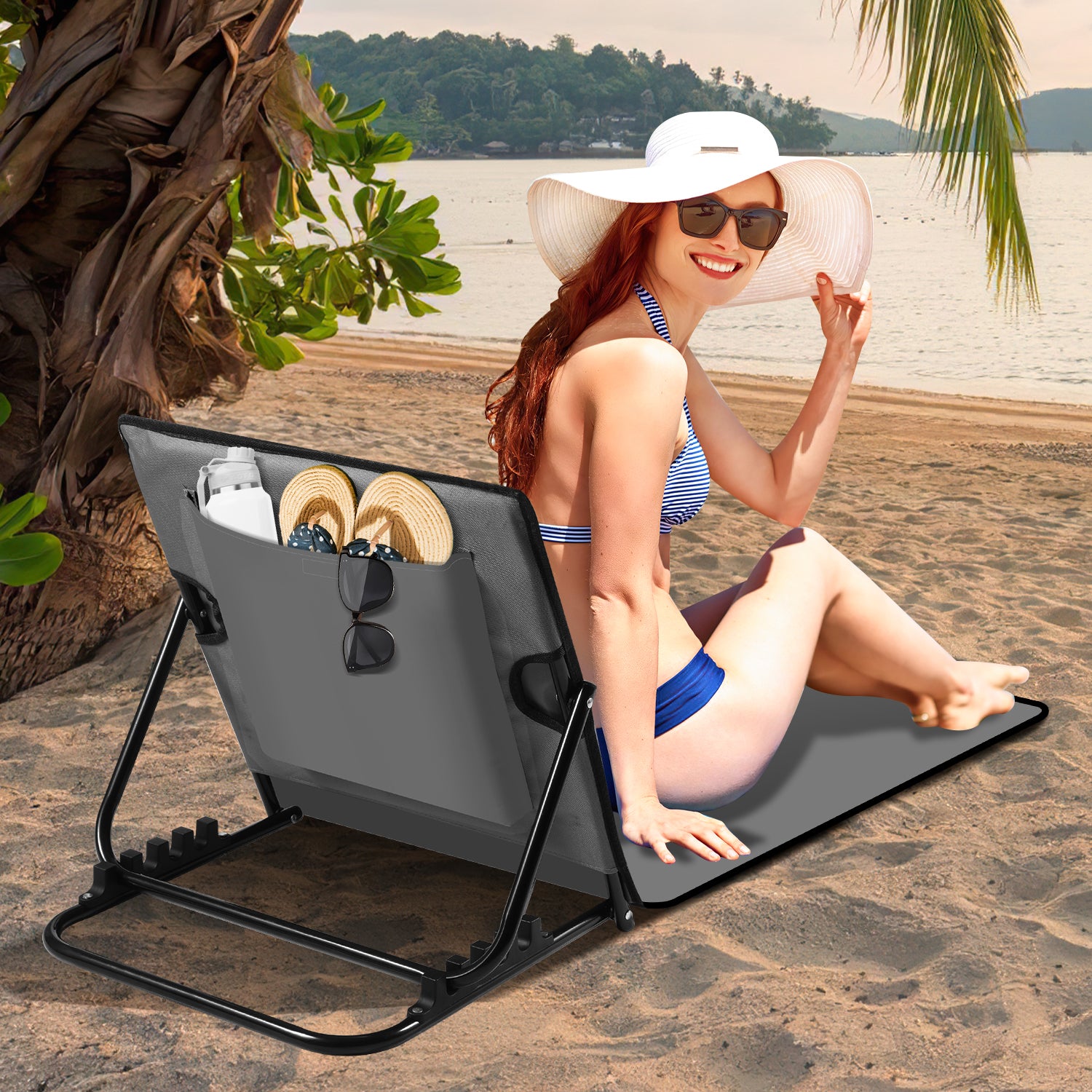 Strandliege Klappbar leicht, strandmatten gepolstert,Strandliege mit Handtasche,Staufächern,eingebautes Kissen mit 5-Gang-Einstellung, verschleißfestes Gewebe(158cm)