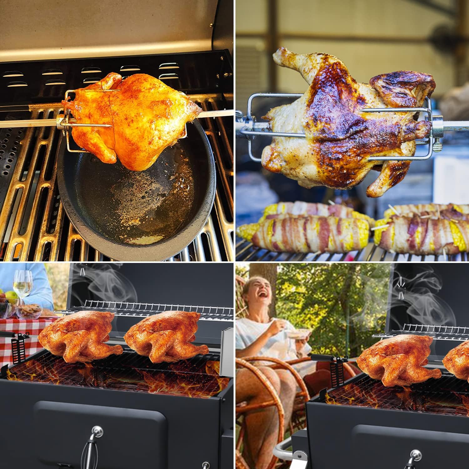 Grillspieß Set, Edelstahl Rotisserie mit 4X Fleischnadeln BBQ Fleischklammer, Griffstück, Motor Elektrischer Drehspieß, Automatischer Fleischwender für Grill, Ofen & Camping