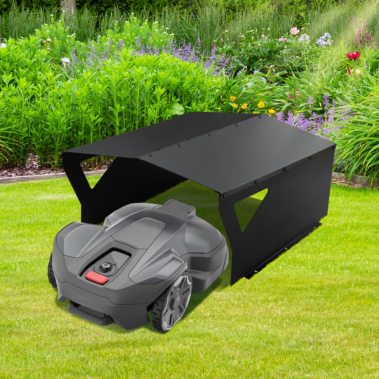 Garage für Mähroboter, 78 x 60 x 34 cm, schwarzer, verzinkter Unterstand, schützt vor Regen, Sonne und Hagel, witterungsbeständig und UV-beständig, geeignet als Überdachung für Gartenmäher und Mähroboter, inklusive Montagezubehör