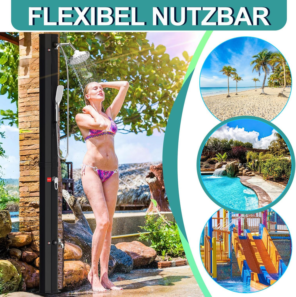 Solardusche 35L Solar Gartendusche warmes Wasser Bis Zu 60°C ohne Stromanschluss Pooldusche Camping mit Fußdusche und schwenkbarem Regenduschkopf, inkl. Montagematerial, Schwarz