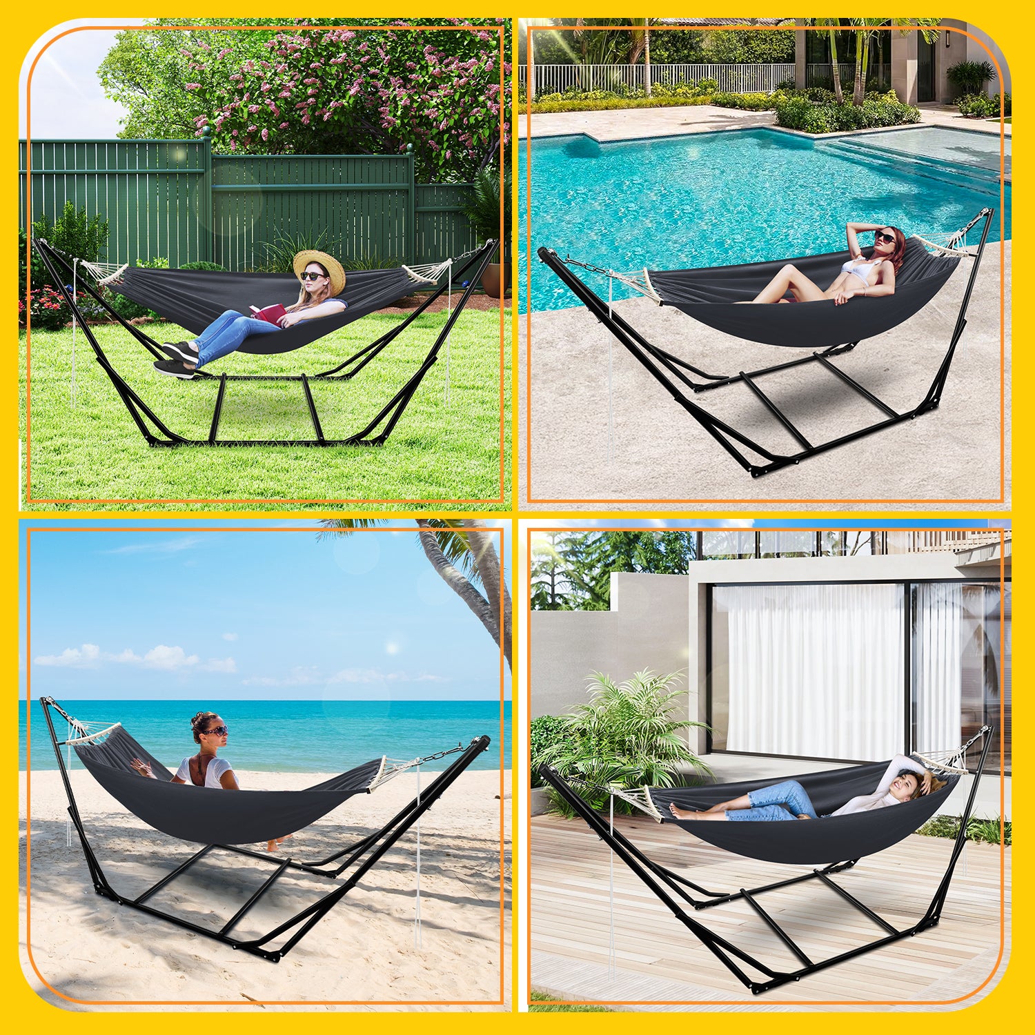Hängematte mit Gestell, bis 200 kg Belastbar,2 Personen,Klappbar Hängematte Outdoor mit Gestell für Garten,Terrasse,Balkon,mit Tragetasche Metallgestell