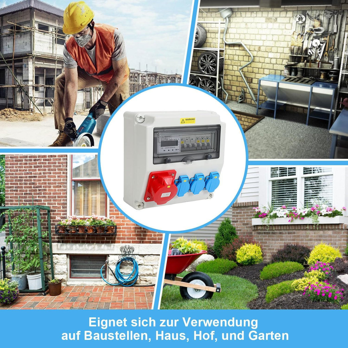 Stromverteiler 32A Industrie IP65 mit 3-Phasen Energiezähler 100A, 3x Schuko 16A, CEE 32A 5-polig, Wandverteiler mit Leitungsschutzschaltern für Baustelle