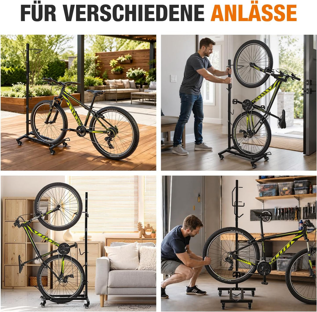3-in-1-Fahrradständer, 6-stufige Höhenverstellung, vertikaler Fahrradständer mit Feststellrädern, keine Bohrungen erforderlich, schwarz