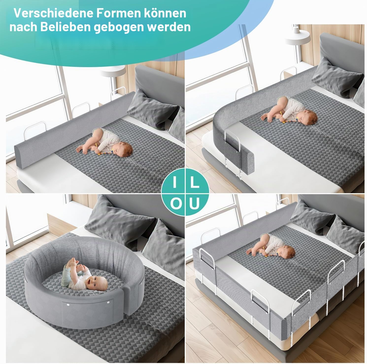 Kinderbettgitter, 150/180/200 cm, Sicherheitsgitter für Babybetten, in 5 Stufen höhenverstellbar, weiches Gitter zum Schutz vor Stürzen, geeignet für Familienbetten und Babybetten, grau