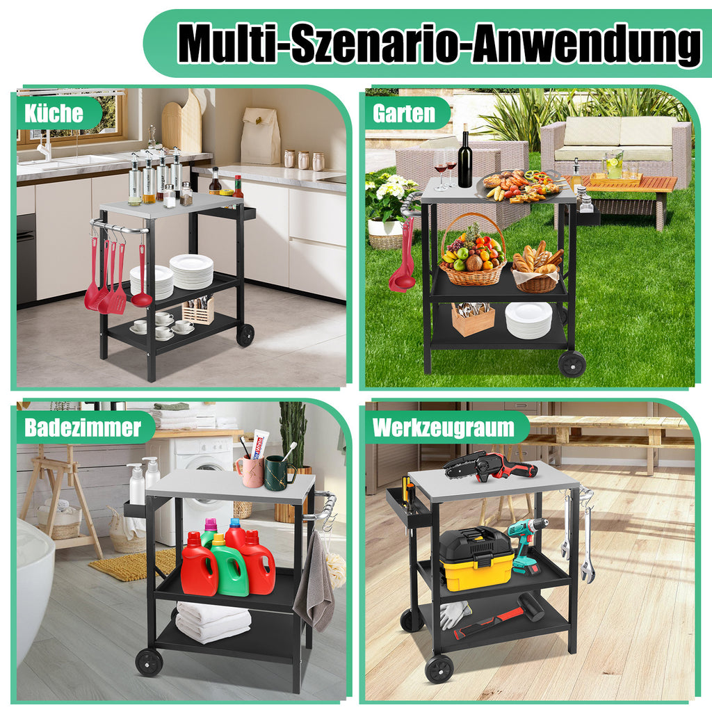 Grillbeistelltisch | Outdoor-Grilltisch mit Verstellbarer Ablage, Gewürzregal und 6X Haken, mobiler Grillwagen mit 2 Rollen, Küchenwagen für Grill und Pizza, 84x67x41cm