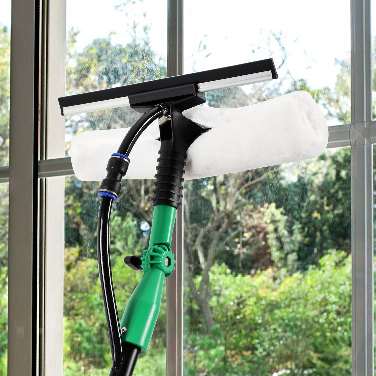 Teleskop-Fensterreinigungsbürste, 2-in-1-Teleskopbürste mit Auffangbehälter, Teleskopbürste aus Aluminium, mit weichen Borsten, ausgestattet mit einem Seifenspender, geeignet zur Reinigung von Fenstern, Plexiglas und Autos