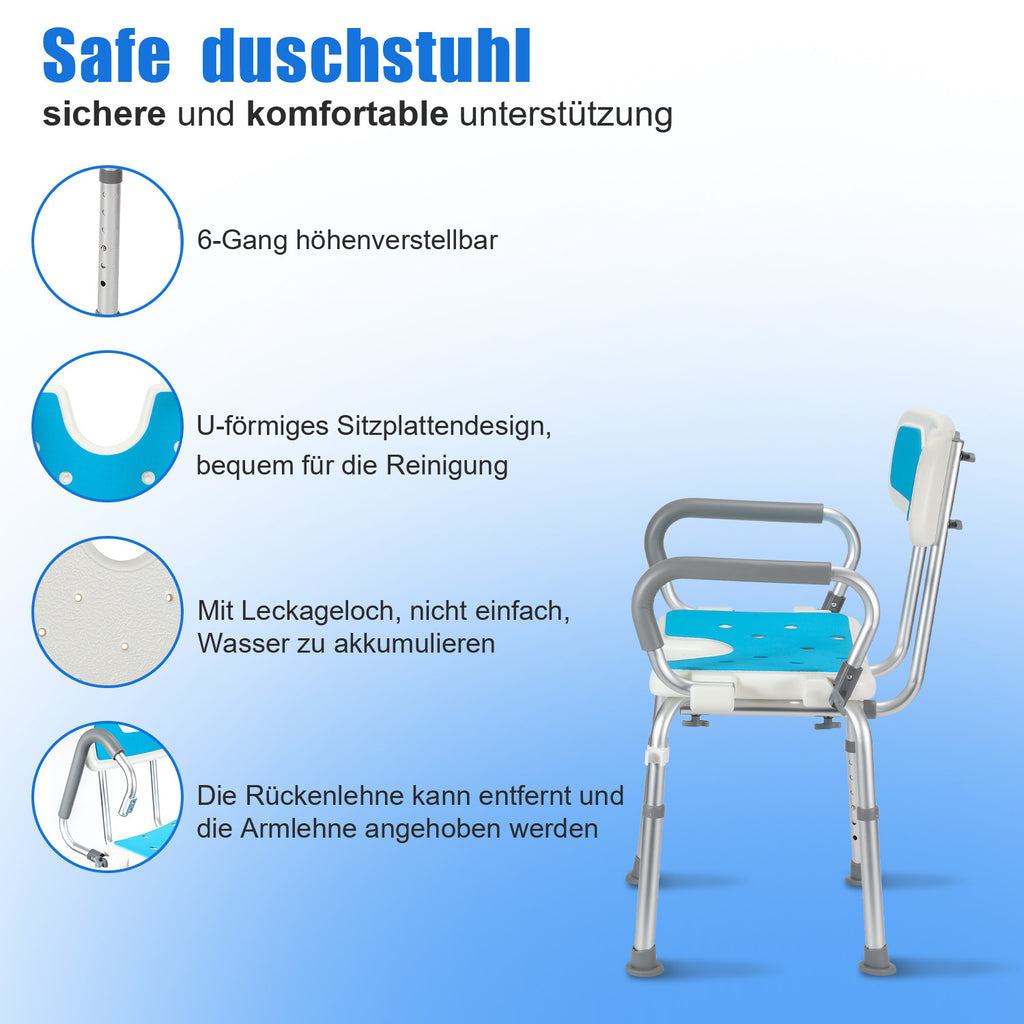 Duschhocker für Senioren mit Rückenlehne und Armlehne, höhenverstellbar, bis 136 kg belastbar Duschstuhl Duschsitz Badhocker Modern Badezimmerhocker
