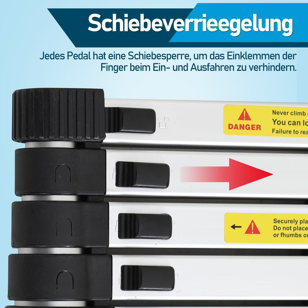 2.6m/3.2m/3.8m/4.4m Teleskopleiter, Aluminiumleiter Ausziehbare Leiter mit rutschfesten Füßen, Mehrzweckleiter für Dachboden, Stehleiter, Tragbar Leichte Leiter 150 kg Belastbarkeit