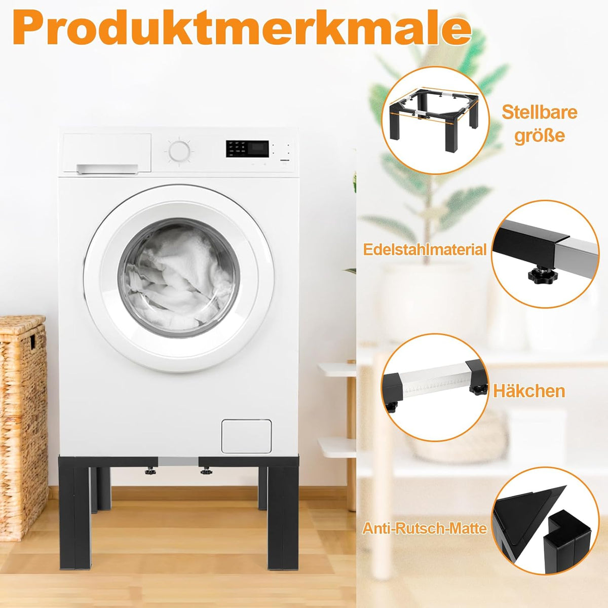 Edelstahl-Waschmaschinen-Untergestell, verstellbar 50–80 cm, mit Skalenverstellung, Vibrationsschutz & Rutschfestigkeit, Tragkraft 400 kg, für Waschmaschine/Trockner, schwarz.