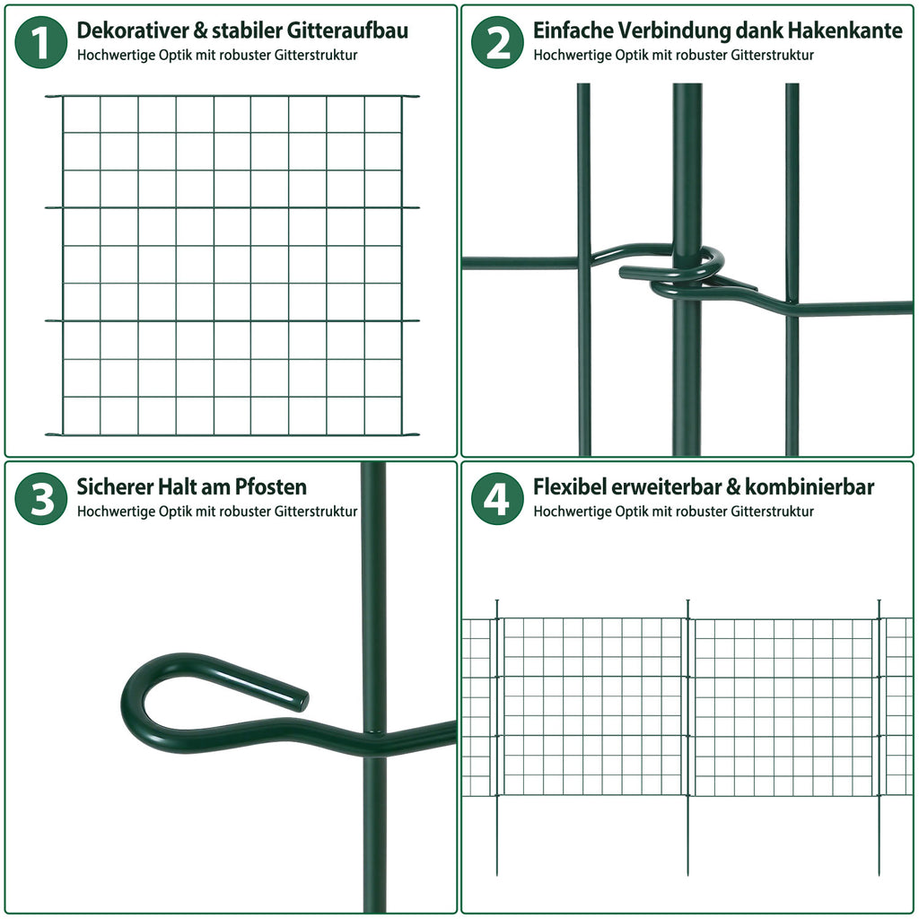 Teich- und Gartenzaun, 5-teiliges Set, Metallzaun, dekoratives Design, 5 Zaunelemente und 6 Befestigungsstangen, grüner Gartenzaun für Teiche und Blumenbeete, nach oben gewölbte Ausführung / gerade Ausführung / nach unten gewölbte Ausführung