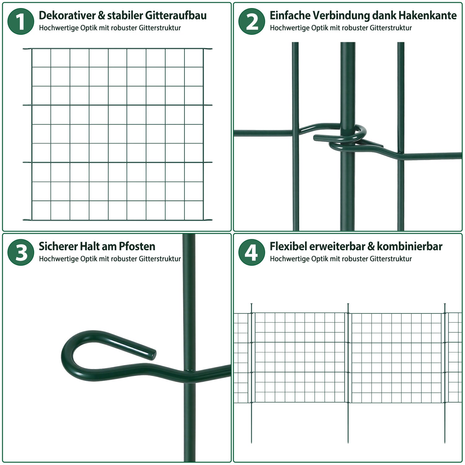 Teich- und Gartenzaun, 5-teiliges Set, Metallzaun, dekoratives Design, 5 Zaunelemente und 6 Befestigungsstangen, grüner Gartenzaun für Teiche und Blumenbeete, nach oben gewölbte Ausführung / gerade Ausführung / nach unten gewölbte Ausführung