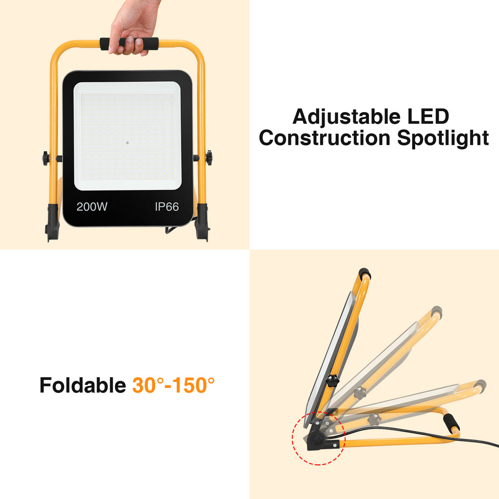 LED-Baustrahler, 50 W/100 W/150 W/200 W Arbeitsleuchten, tragbare LED-Arbeitsleuchten, Baustrahler mit kaltweißem Licht, Schutzklasse IP66, mit 3 Meter langem Kabel und klappbarem Stativ, geeignet für Baustellen (mit Stecker)