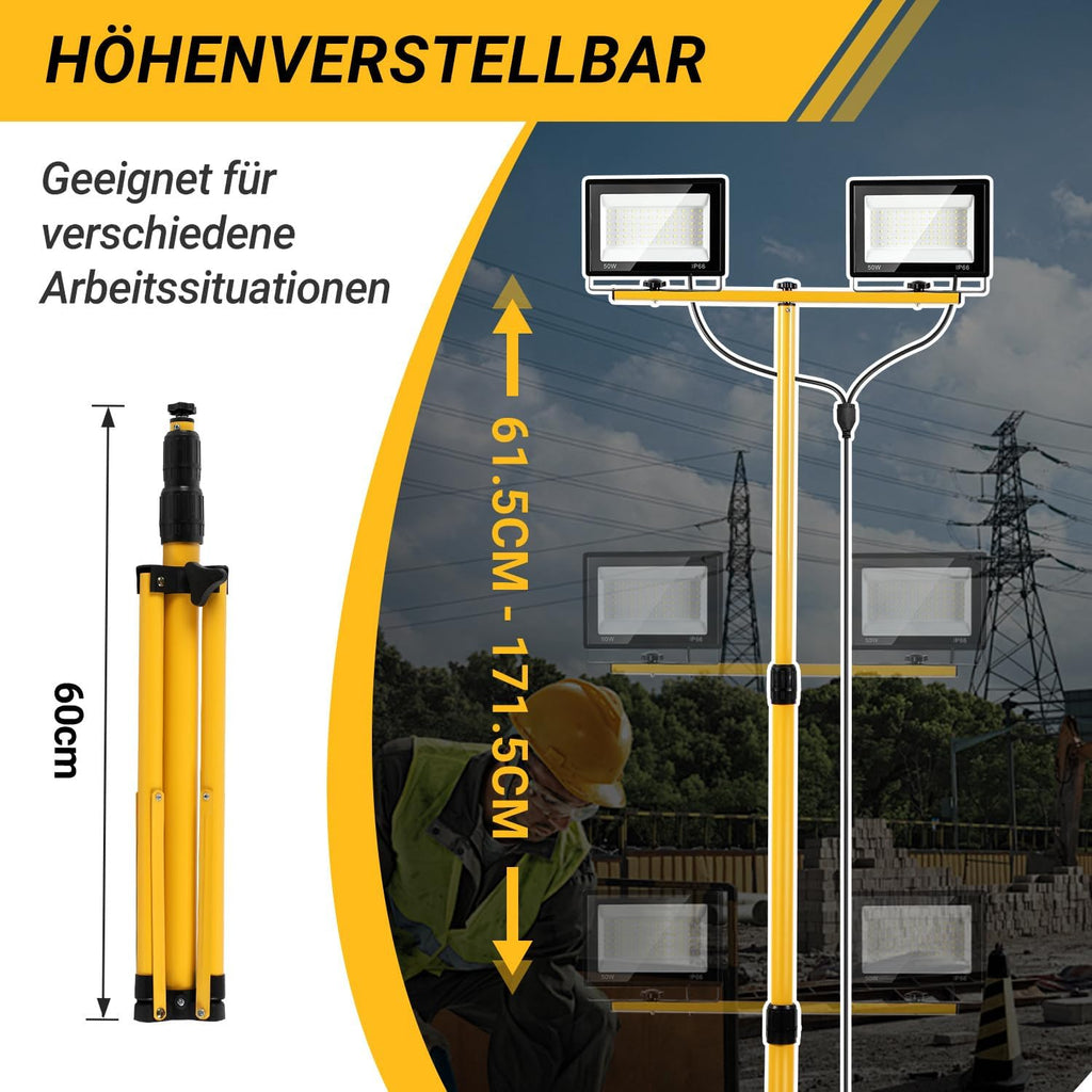LED Baustrahler 2 x 50W / 100W / 200W, Baustrahler LED mit Stativ Einstellbar, 6500K Kaltweiß Baulampe für Innen- & Außenbereic, IP66 Baustellenlampe mit 3m Kabel Stecker für Baustelle Werkstatt Keller
