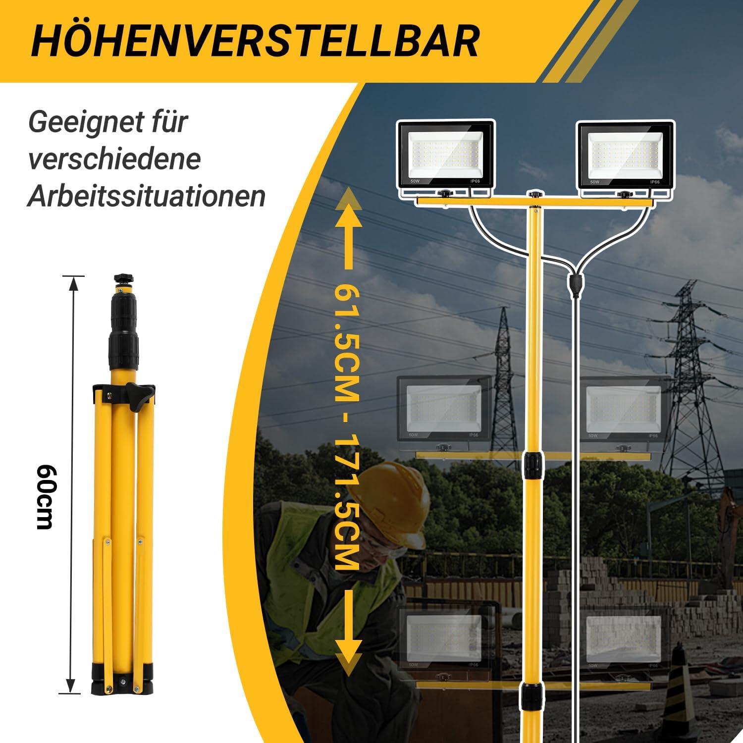 LED Baustrahler 2 x 50W / 100W / 200W, Baustrahler LED mit Stativ Einstellbar, 6500K Kaltweiß Baulampe für Innen- & Außenbereic, IP66 Baustellenlampe mit 3m Kabel Stecker für Baustelle Werkstatt Keller