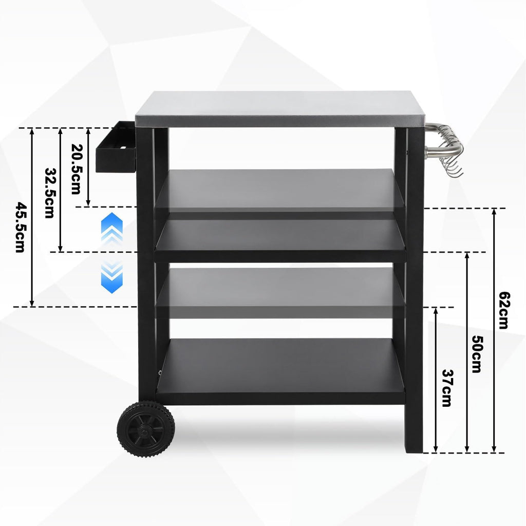 Grillbeistelltisch | Outdoor-Grilltisch mit Verstellbarer Ablage, Gewürzregal und 6X Haken, mobiler Grillwagen mit 2 Rollen, Küchenwagen für Grill und Pizza, 84x67x41cm