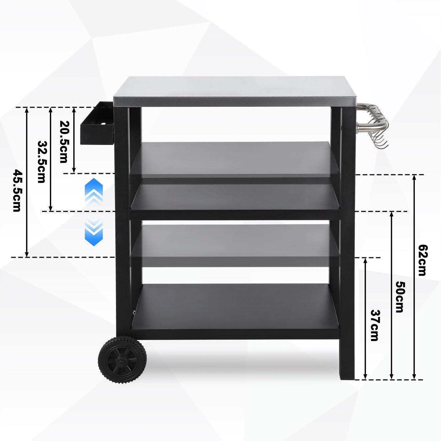 Grillbeistelltisch | Outdoor-Grilltisch mit Verstellbarer Ablage, Gewürzregal und 6X Haken, mobiler Grillwagen mit 2 Rollen, Küchenwagen für Grill und Pizza, 84x67x41cm