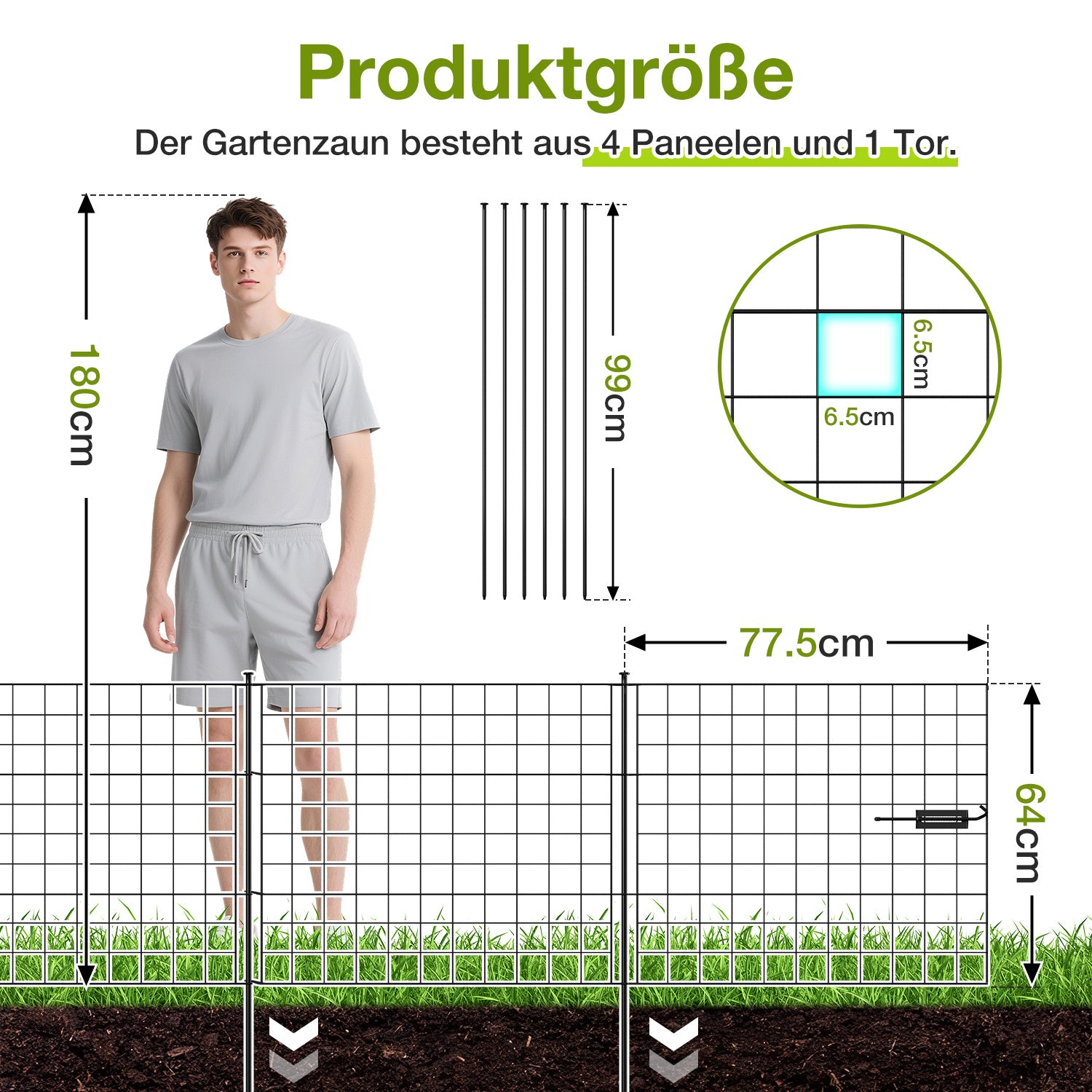 Dekorative Gartenzäune, Teichzaun-Sets, 1 Tor + 4 Teichzaunelemente, Steckzäune, Metallzäune mit Zaunelementen sowie Außenzäune, Gartenzäune, Tierzäune, mit Schloss, Haustierzäune, in drei Ausführungen erhältlich: grün, schwarz