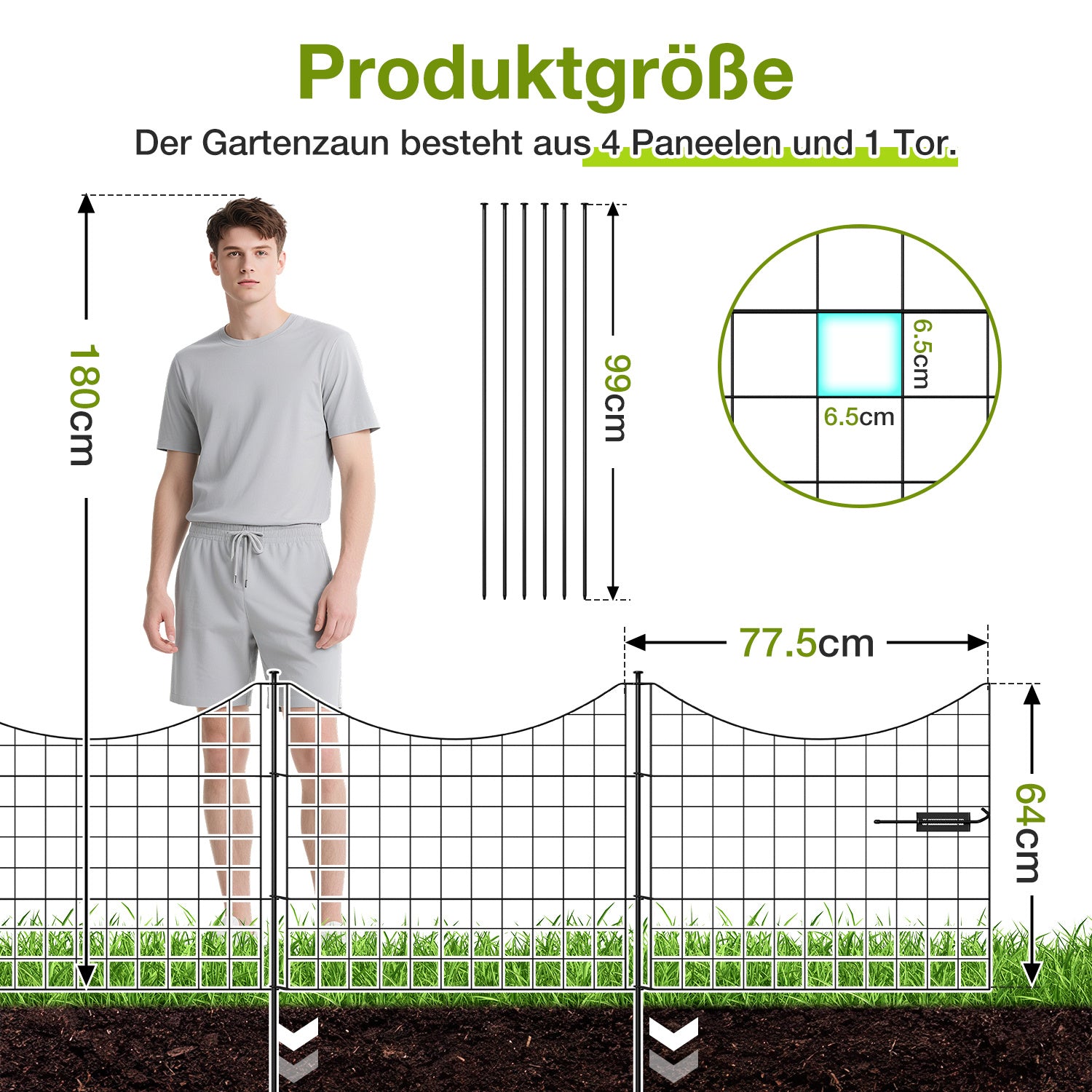 Dekorative Gartenzäune, Teichzaun-Sets, 1 Tor + 4 Teichzaunelemente, Steckzäune, Metallzäune mit Zaunelementen sowie Außenzäune, Gartenzäune, Tierzäune, mit Schloss, Haustierzäune, in drei Ausführungen erhältlich: grün, schwarz