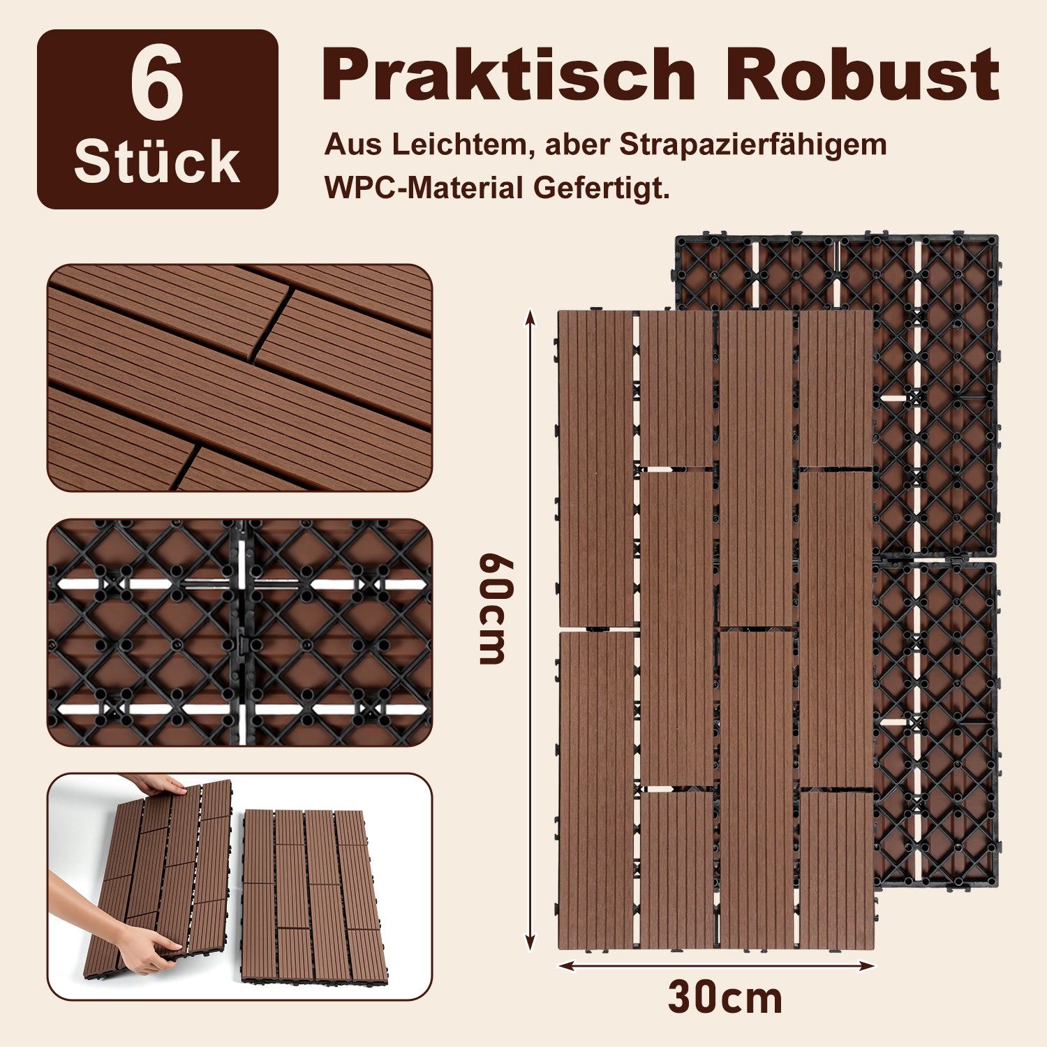 30 x 60 cm WPC-Terrassenfliesen , Klick-Verlegesystem, Teakholzfarben/Rotbraun/Dunkelgrau, 1–5 m² | WPC-Fliesen, Balkonfliesen, witterungsbeständige Platten mit Entwässerungsfunktion, einfache Verlegung, geeignet für Terrassen, Balkone und Gärten