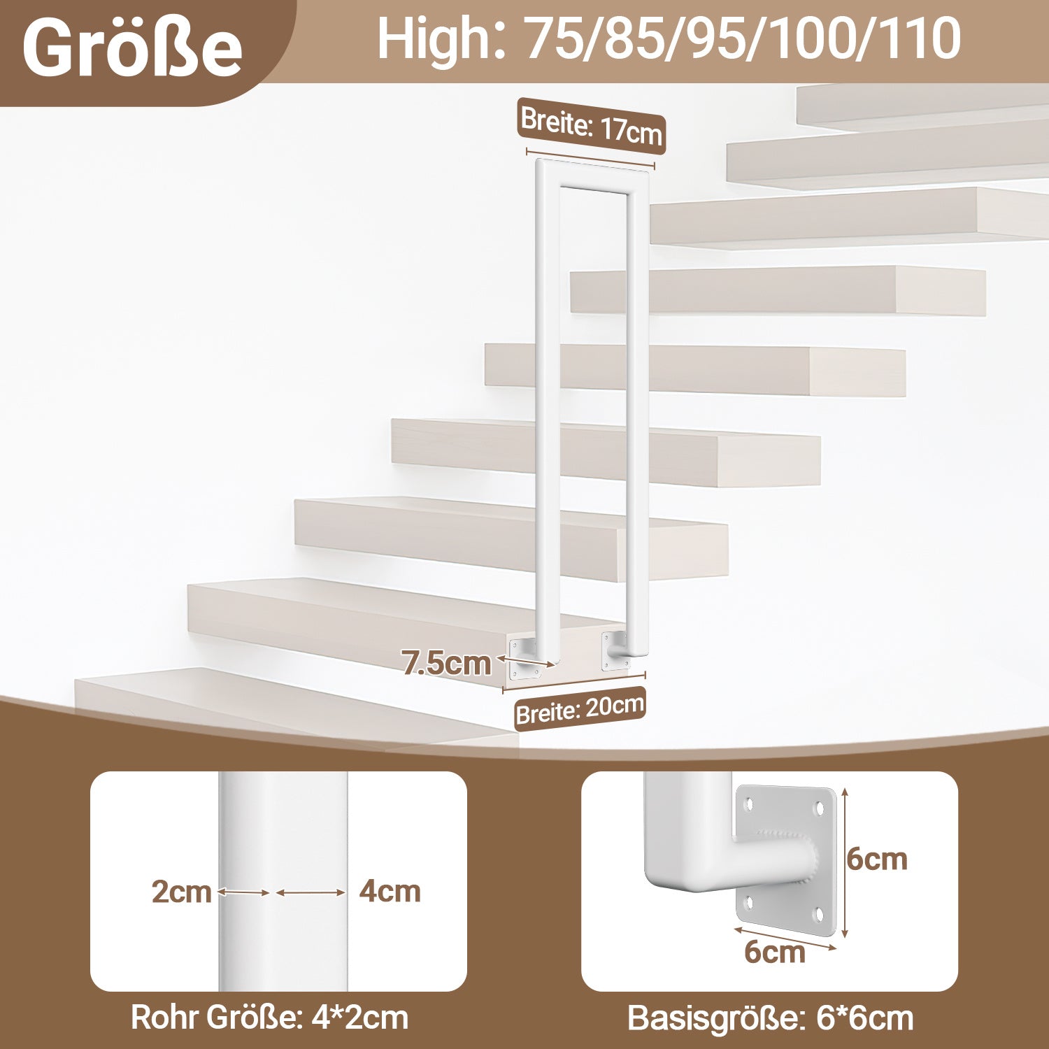 Handläufe für Innen- und Außentreppen, U-förmige, weiße, ovale Metallhandläufe, geeignet für Villen, Balkone, Flure und Wohnungen, Breite 20 cm, seitliche Montage, erhältlich in fünf Längen: 75 cm, 85 cm, 95 cm, 100 cm und 110 cm.