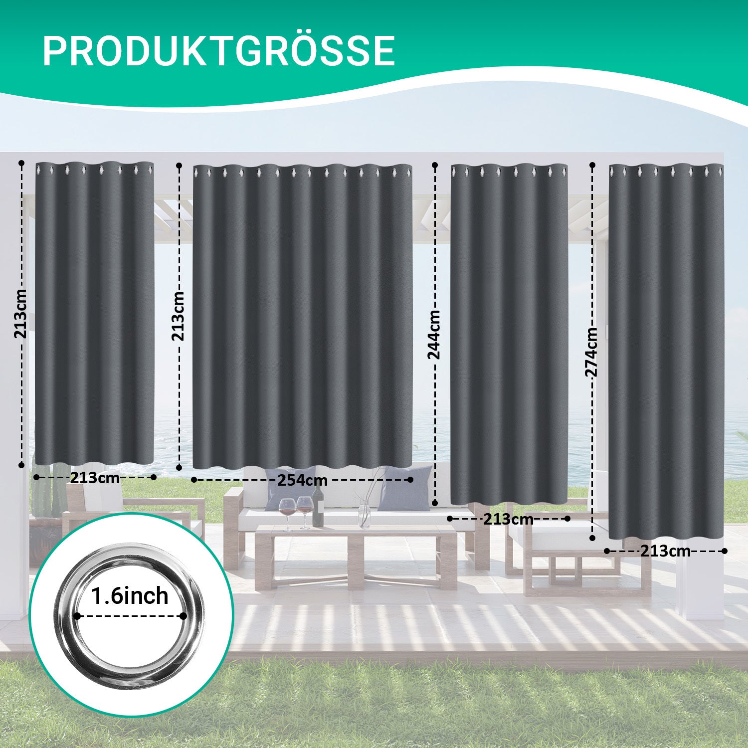 Outdoor Vorhang Wetterfest mit Ösen Sonnenschutz Wasserdicht Thermovorhang Panel,Dunkelgrau