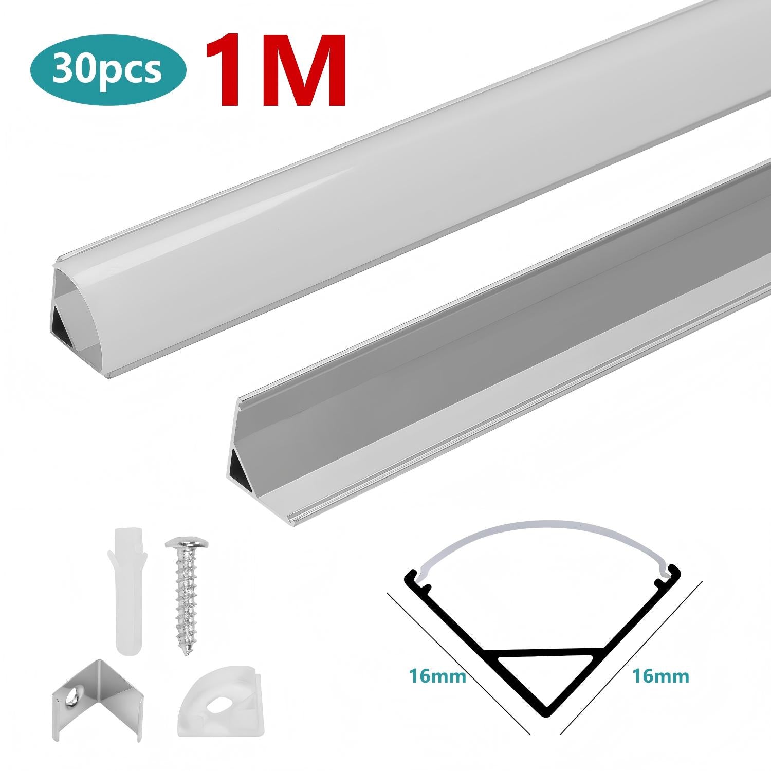 1 Meter lange LED-Aluminiumprofil-Lichtschiene, V-förmige/U-förmige Aluminiumprofile, LED-Schiene mit milchweißen Endkappen und Befestigungsklammern, geeignet für LED-Lichtbänder (Breite bis zu 12,5 mm), LED-Diffusorplatten, 10–50 Stück