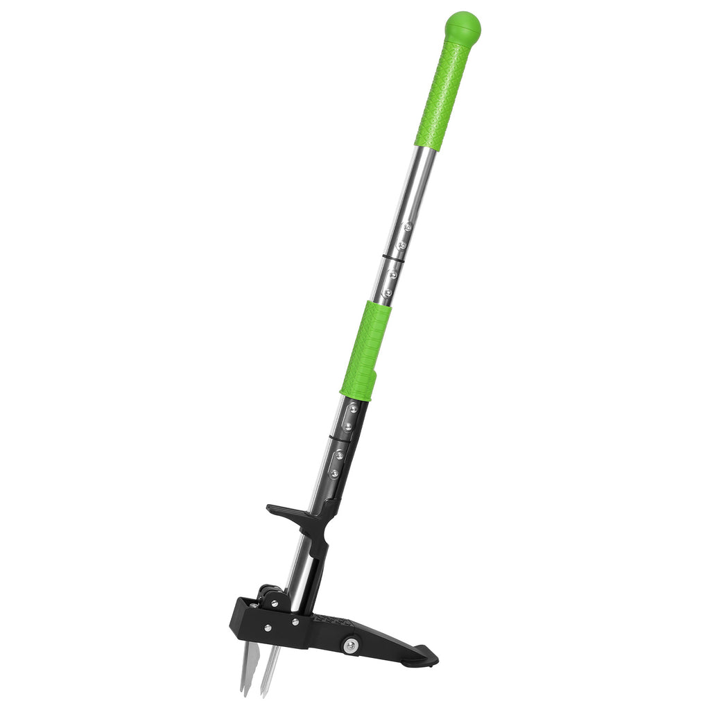 Grüne Unkrauthacke, vertikale Unkrauthacke mit vier Spitzen, Erdspaten, dreiteiliger Aluminium-Löwenzahnspaten, Unkrauthacke mit langem Stiel, geeignet für Garten und Rasen, Werkzeug zum Entfernen von Löwenzahnwurzeln, ergonomisch gestaltet
